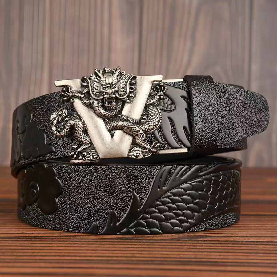 Retro Dragon Carved Pattern Automatic Buckle Leather Belt – Domineering Men's Fashion Accessory