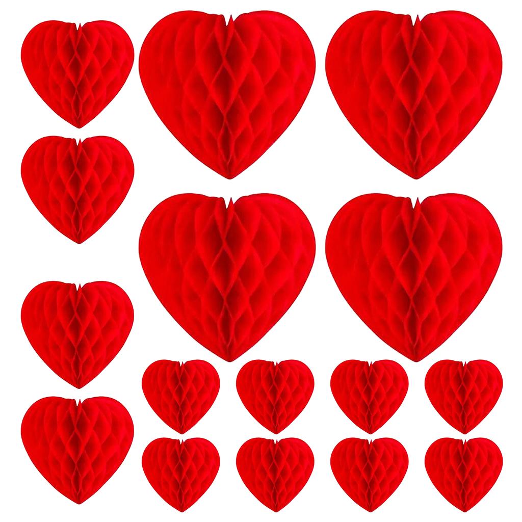16Pieces Red Paper Heart Honeycomb Ball Decors for Home Office Romance Event Valentine's Day Special Event DIY