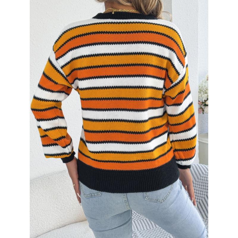 Maglione da Donna Casual a Blocchi di Colore con Strisce, Maniche a Lanterna, Girocollo, Vestibilità Larga