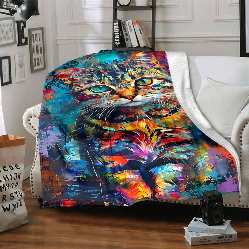 1pc Colorful Cat Art Print Blanket Lightweight Flannel Blanket Throw Blanket For Sofa, Bed, Travel, Camping, Livingroom, Couch, Chair, And Bed Yy25090