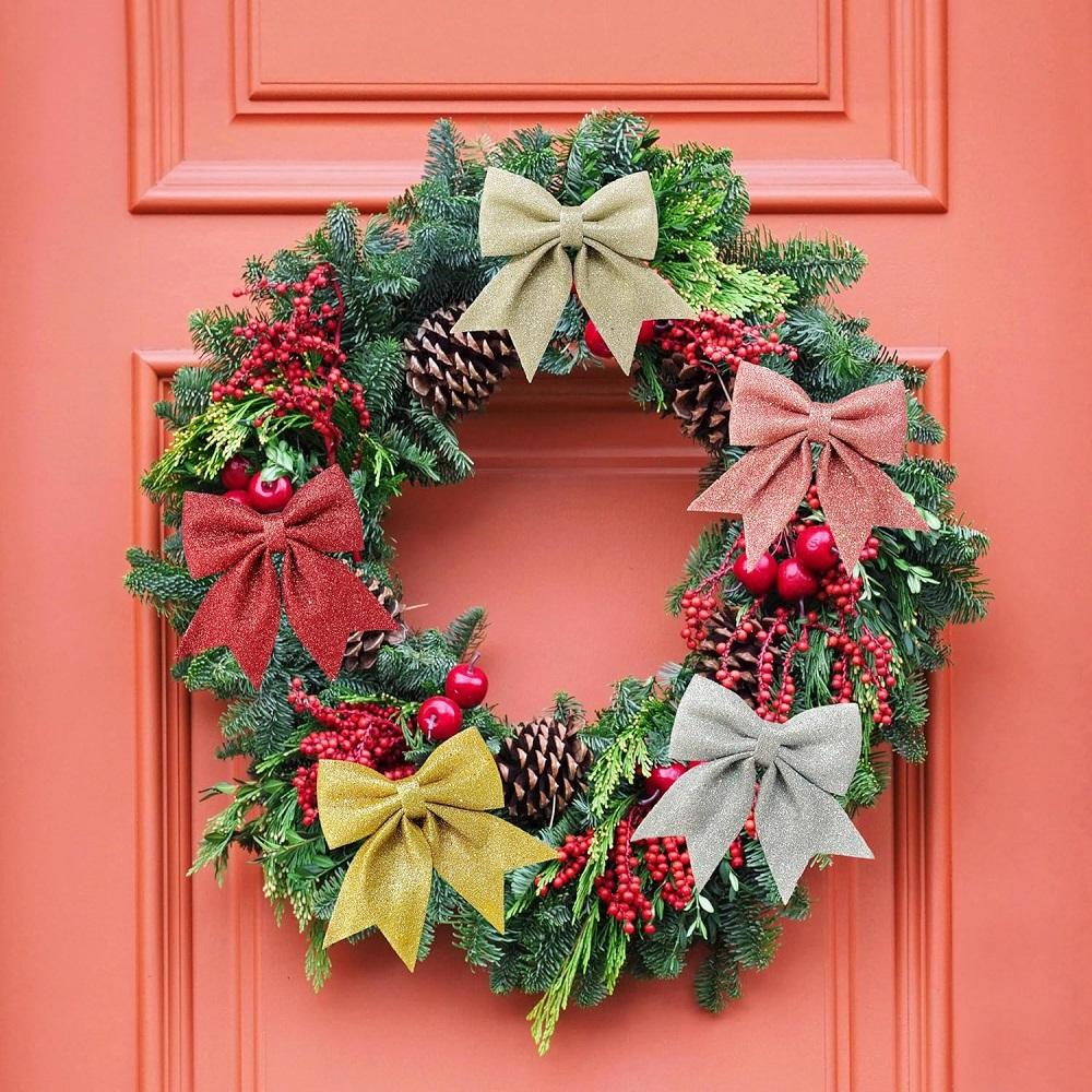 6PCS  Sparkle Bow Ornaments for Christmas Tree, DIY Gift Box Decoration, Xmas New Year Party Garland Home Decor Bows Decorations