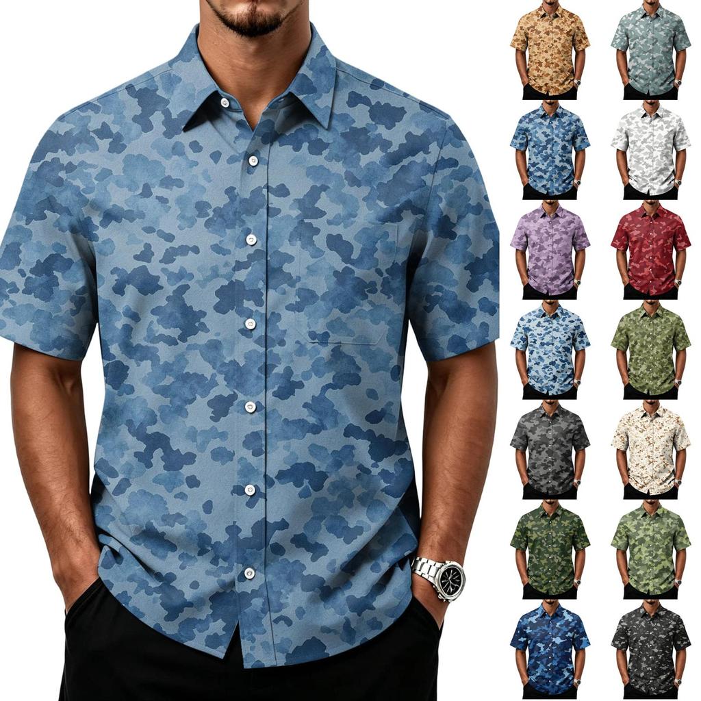 Men's Casual Short Sleeve Button Down Shirt Lightweight Breathable Fabric Classic Fit with Front Pocket Camouflage Print
