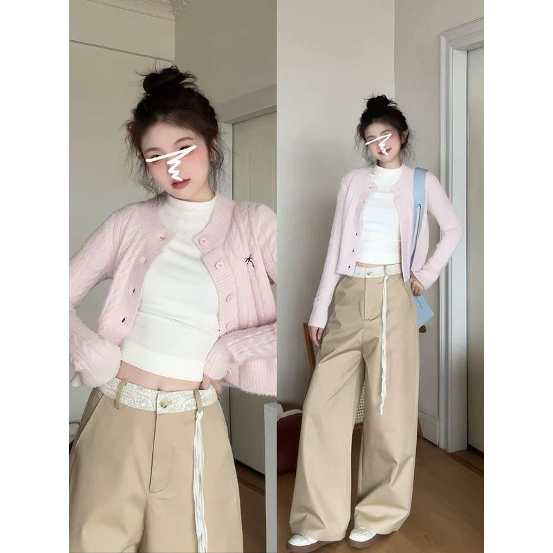 

Korean Series Pink Twist Crop Sweater Outerwear Women Spring and Autumn New Small Outdoor High Sense Knit cardigan Pink S