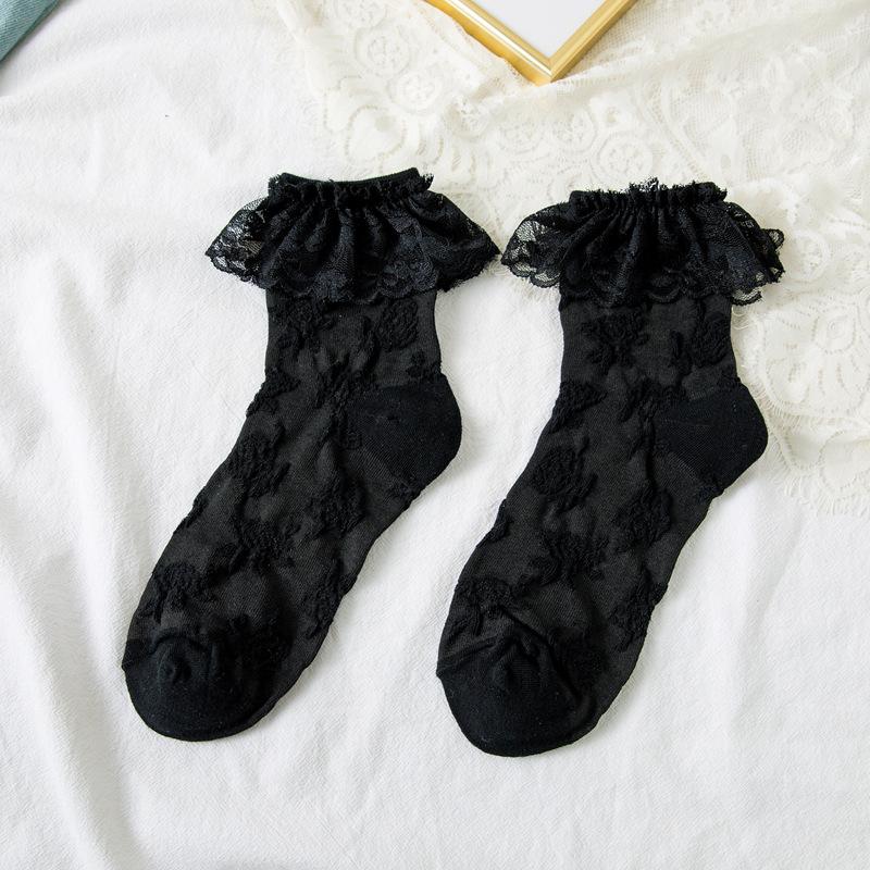 Jk Socks Women S Spring And Summer Thin Japanese Lolita Ol Women S Socks, Lace Lace Bow Black And White Medium Tube Socks One size