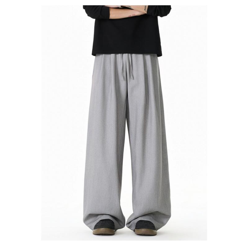 Mens Loose Draped Double Pleated Waist Straight Casual Long Trousers