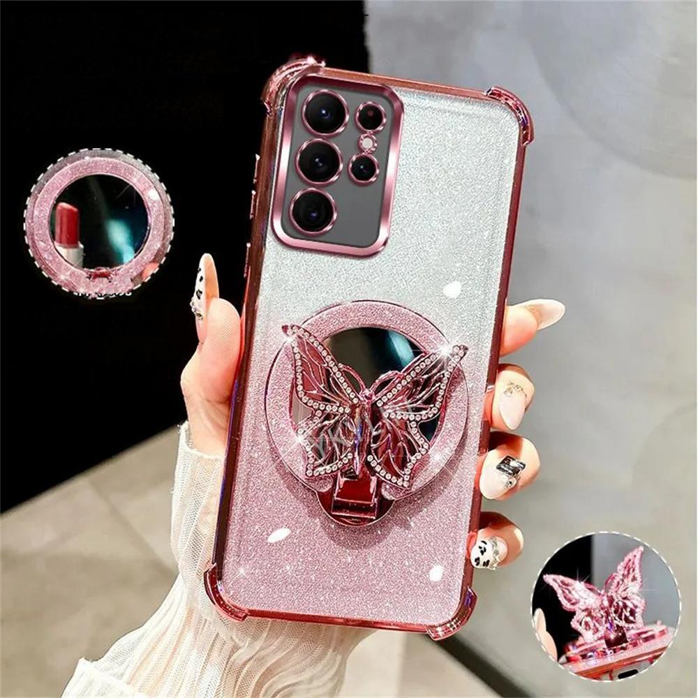 Luxury Plating Butterfly Stand Mirror Phone Case For Samsung A06 A16 A05S A35 A55 A54 A36 A56 Soft Silicone Shockproof Cover