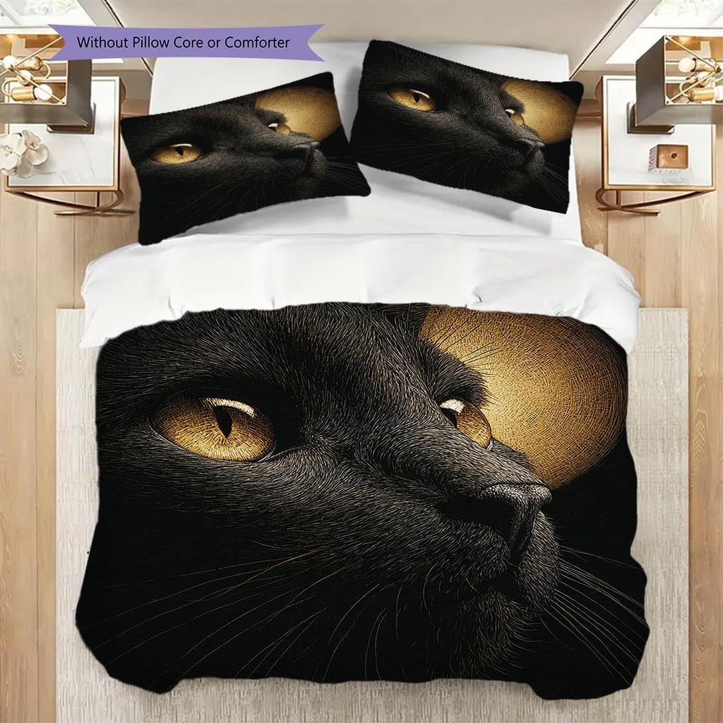 Black Cat Pattern Bedding Quilt Set Quilt Cover Pillowcase Home Decoration Birthday Gift (1 * Duvet Cover + 2 * Pillowcase, Without Core)