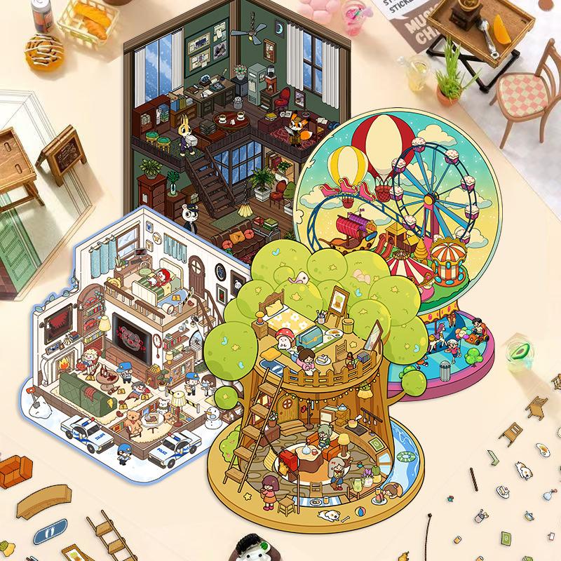 Cartoon Landscape Sticker Cute Miniature World 3D Three-dimensional House Unzipped DIY Scene Handbook Sticker