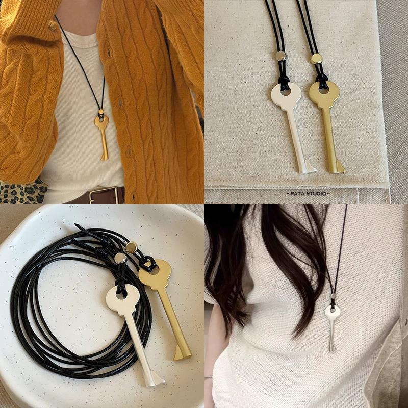 Metal Key Shaped Pendant Necklace For Women Girls Simple Long Wax Rope Sweater Chain Fashion Accessory New Gifts