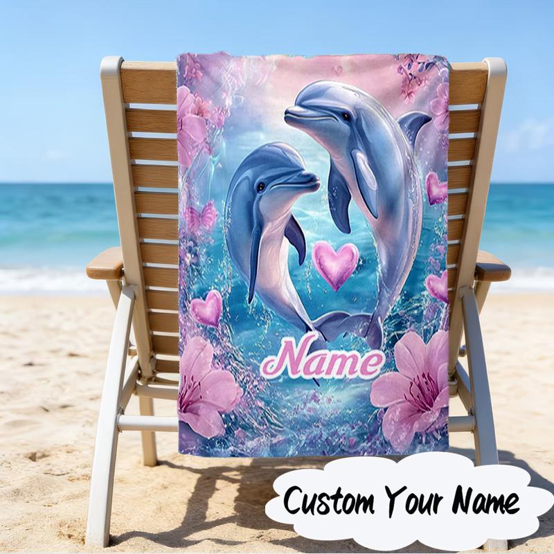 Custom Name Love Dolphins Heart Microfiber Beach Towel Super Soft & Absorbent for Bath, Beach, Travel Bath Time Accessory, Fan gifts