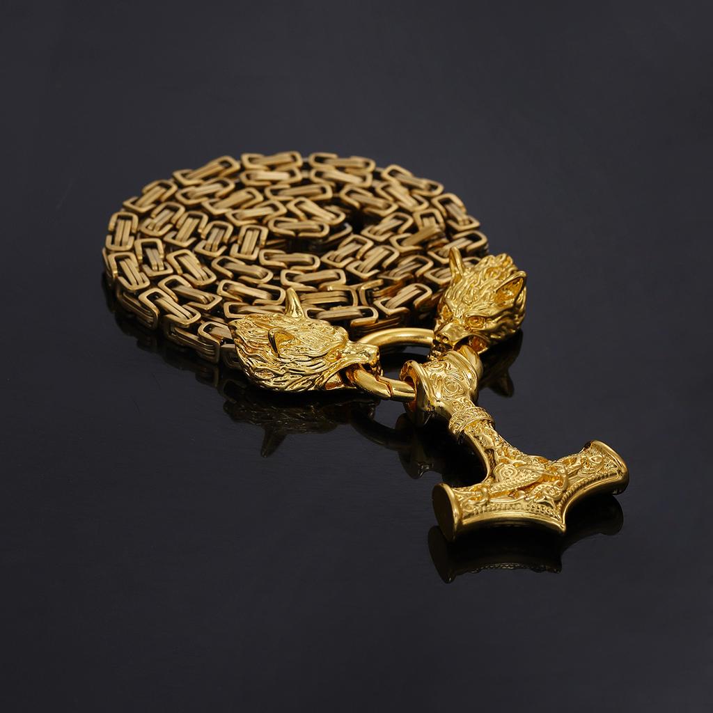 Foreign Trade Retro Nordic Viking Rune Hammer Pendant Wolf Head Necklace Bracelet Jewelry Set Stainless Steel Chain