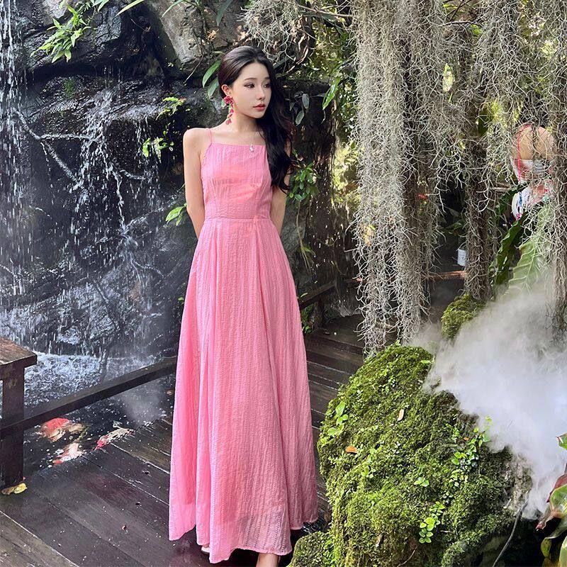 

Purely Sexy Sleeveless Backless Vacation Fairy-Style Tie-Up Long Dress for Women, Summer 2025 New Model with Large Hem and Straps Pink S
