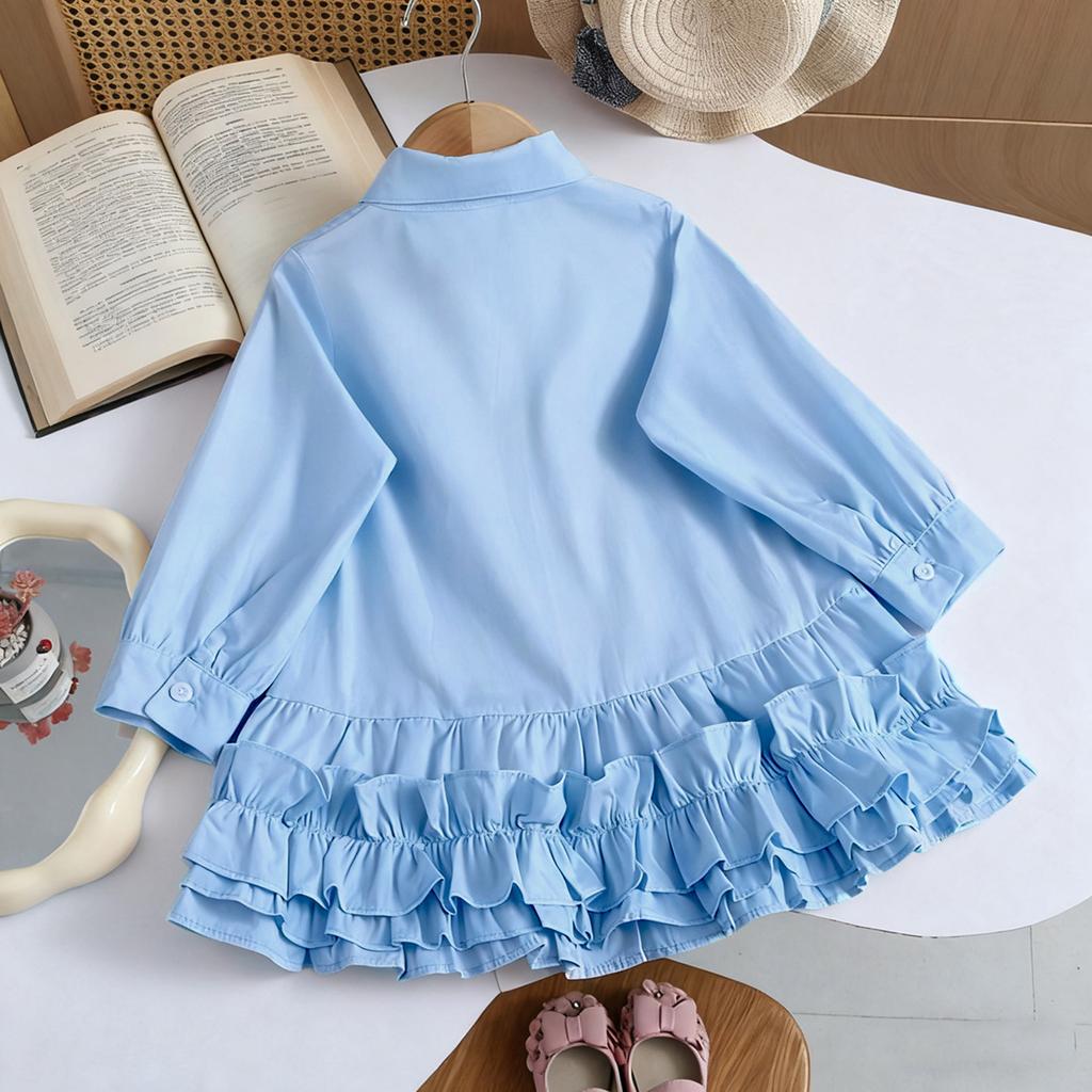 Girls' Fashion Long-Sleeved Shirt Collar Patchwork Tiered Skirt Colour Dress