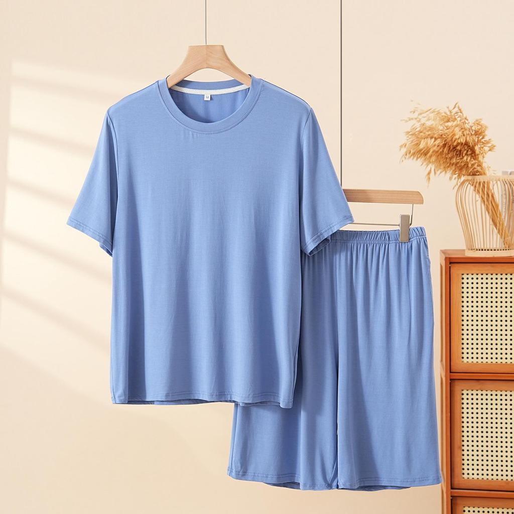 Men's Bamboo Fiber Pajama Set - Natural Antibacterial, Loose Short Sleeve Top & Shorts for Home or Outdoors, Spring/Summer.