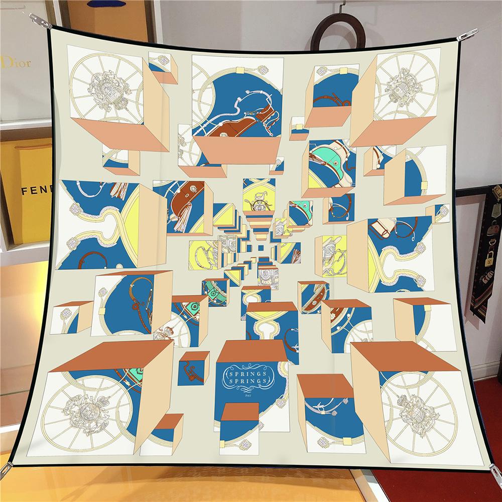 Silk Scarf Women Geometric Blocks Print Square Scarves Head Echarpe Silk Foulards Femme Wraps Beach Shawls Lady Hijabs 90CM