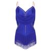 Womens Dance Leotard Ruched Mesh Drapes Glittery Rhinestones Adjustable Straps Cutout Fringe Bodysuit Performance Wear