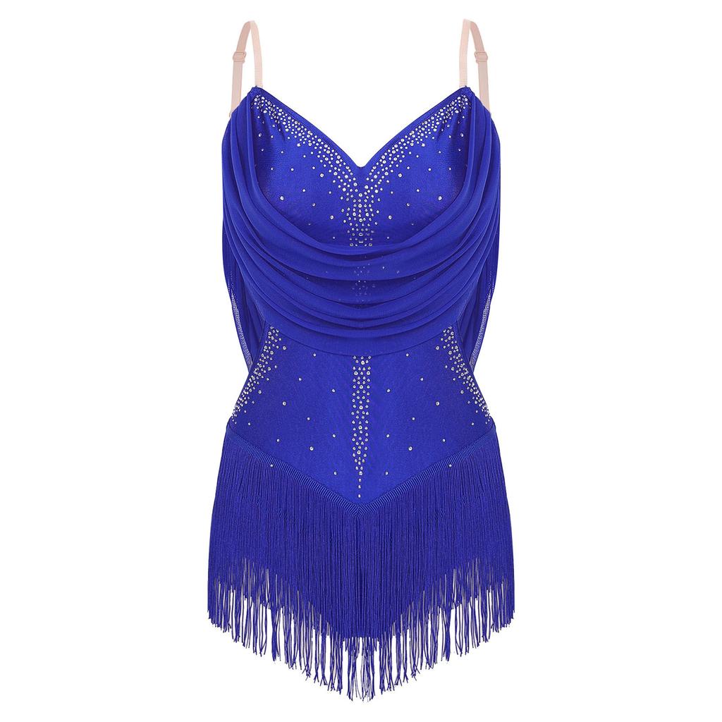 Womens Dance Leotard Ruched Mesh Drapes Glittery Rhinestones Adjustable Straps Cutout Fringe Bodysuit Performance Wear