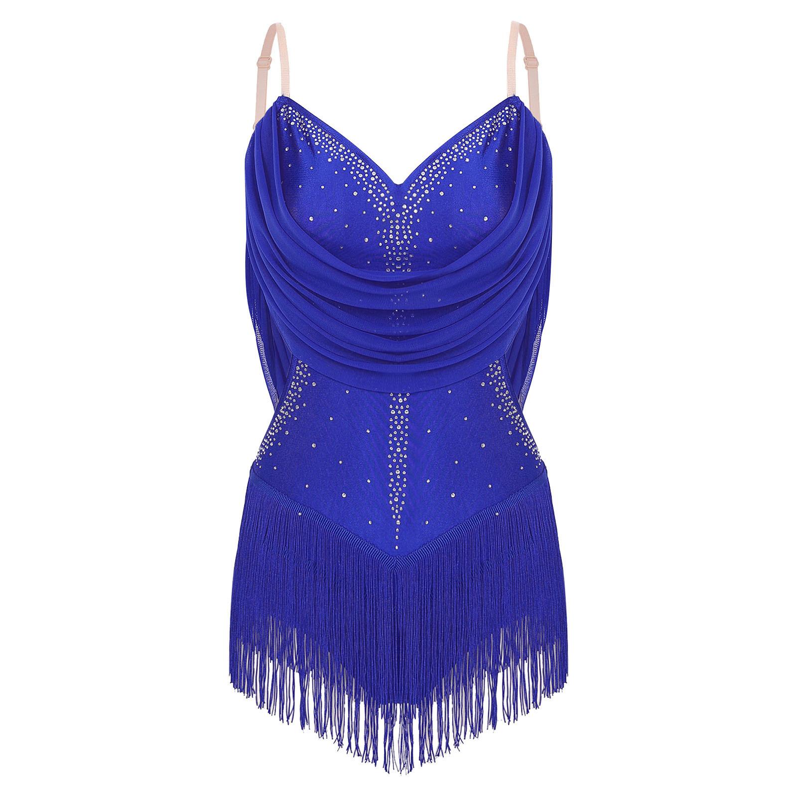 

Женский купальник для танцев с драпировкой из сетки, кисточками, блестящими стразами, регулируемыми бретелями и вырезом с бахромой XS королевский синий