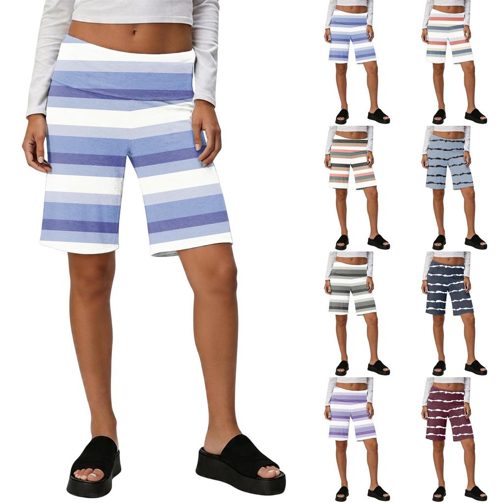 Women High Waist Wide Leg Casual Shorts Summer Vacation Loose Fit Mid Length Bottoms with Elastic Waistband and Patterned Design
