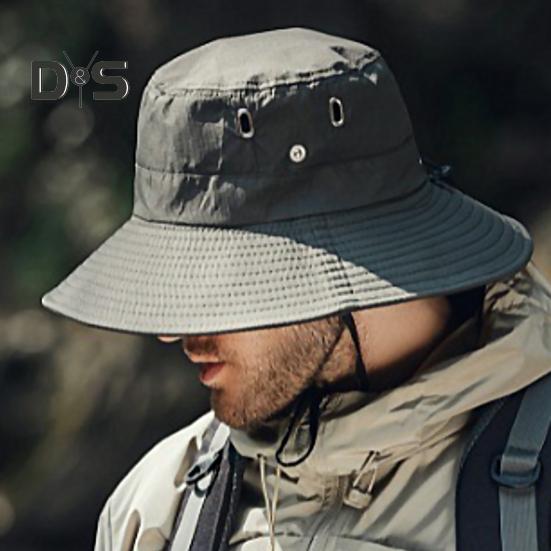 Men Summer Sun Hat Windproof Strap Wide Brim Anti-UV Sun Protection Foldable Portable Gardening Fishing Travel Cap Outdoor Fisherman Hat