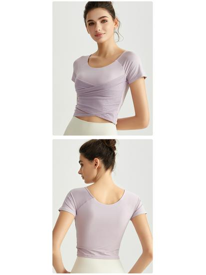 Chinese Style Women's Summer Yoga Top – Short Sleeve, Fixed Cups, Cross Mesh, Pleated, Slim Fit Sports Wear