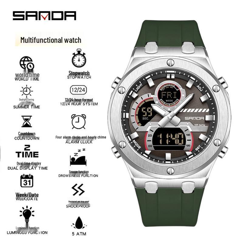 SANDA Men s Dual Display Luminous Waterproof Alloy Wristwatch with Daylight Saving Time Feature