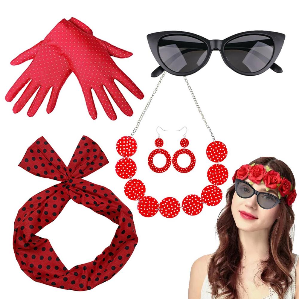

50s Women Costume Accessories Polka Dots Necklace Gloves Headband Cat Eyes Glasses 5 Pieces Retro Disco Outfit Women Party красный