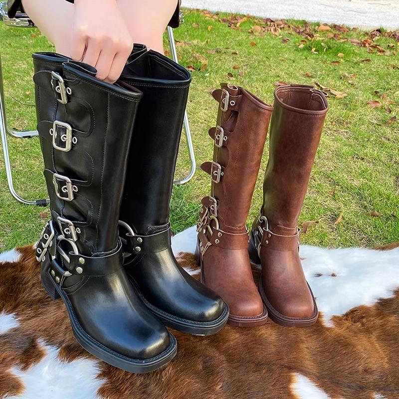 Hebilla de cinturón tacón grueso botas martin marrones para mujer primavera y verano retro pero botas hasta la rodilla botas occidentales botas de moda de caballero