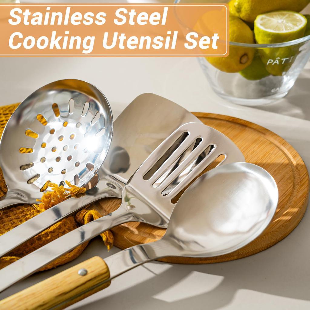 FJNATINH Cookware - Spatula and Ladle Set with Wooden Handles, 6-Piece Wok Utensil Set - Wok Accessories Cookware Set