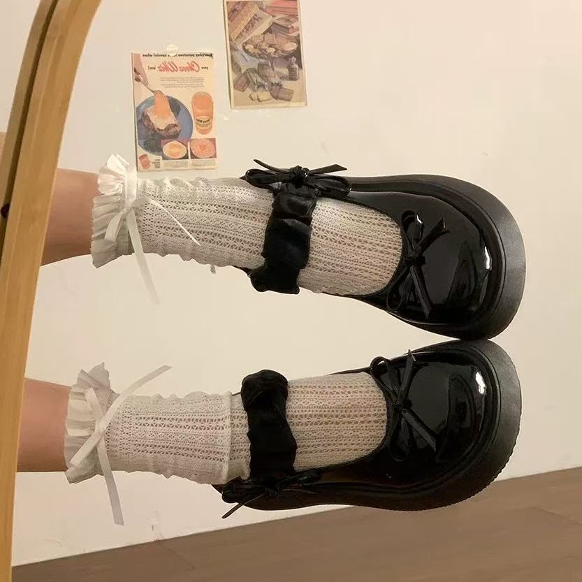 Bow Platform Small Leather Shoes Women's 2025 Summer New with Skirt Retro British Style Round Head Mary Jane Single Shoes
