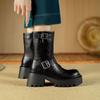Womens Leather Ankle Boots Chunky Heel Platform Round Toe Biker Fall Winter