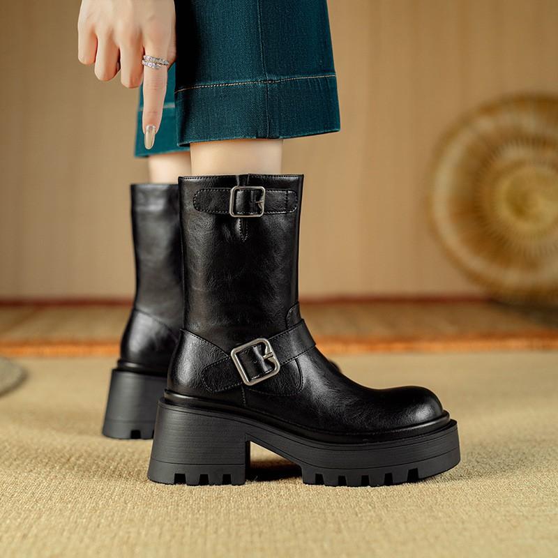 Womens Leather Ankle Boots Chunky Heel Platform Round Toe Biker Fall Winter