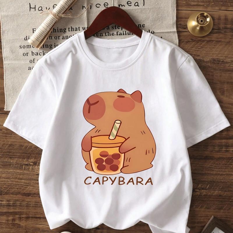 

Pure Cotton T-shirt CAPYBARA Capybara Milk Tea Print, Fashionable Children s Round Neck Breathable Short-sleeved for Girls. 130