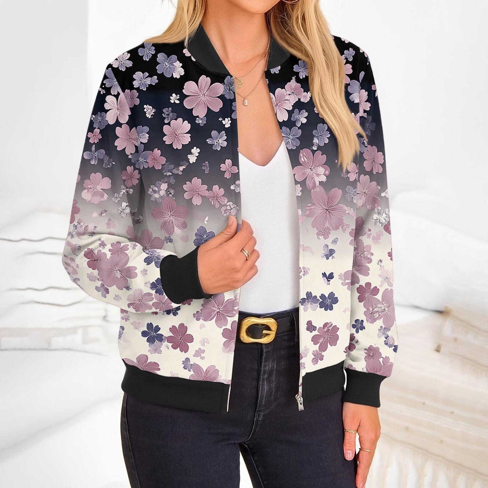 Women s Fashion Long Sleeve Floral Print Round Neck Zip Jacket XXL