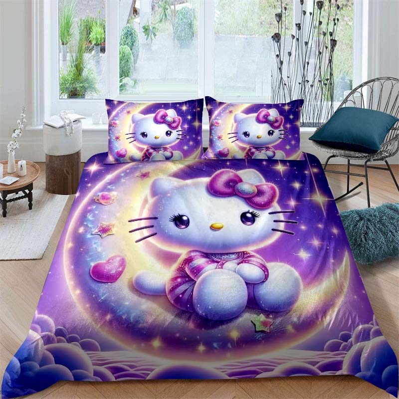This Hello Kitty three-piece bedding set with a cartoon heart print, including one duvet cover and two pillowcases, makes a perf