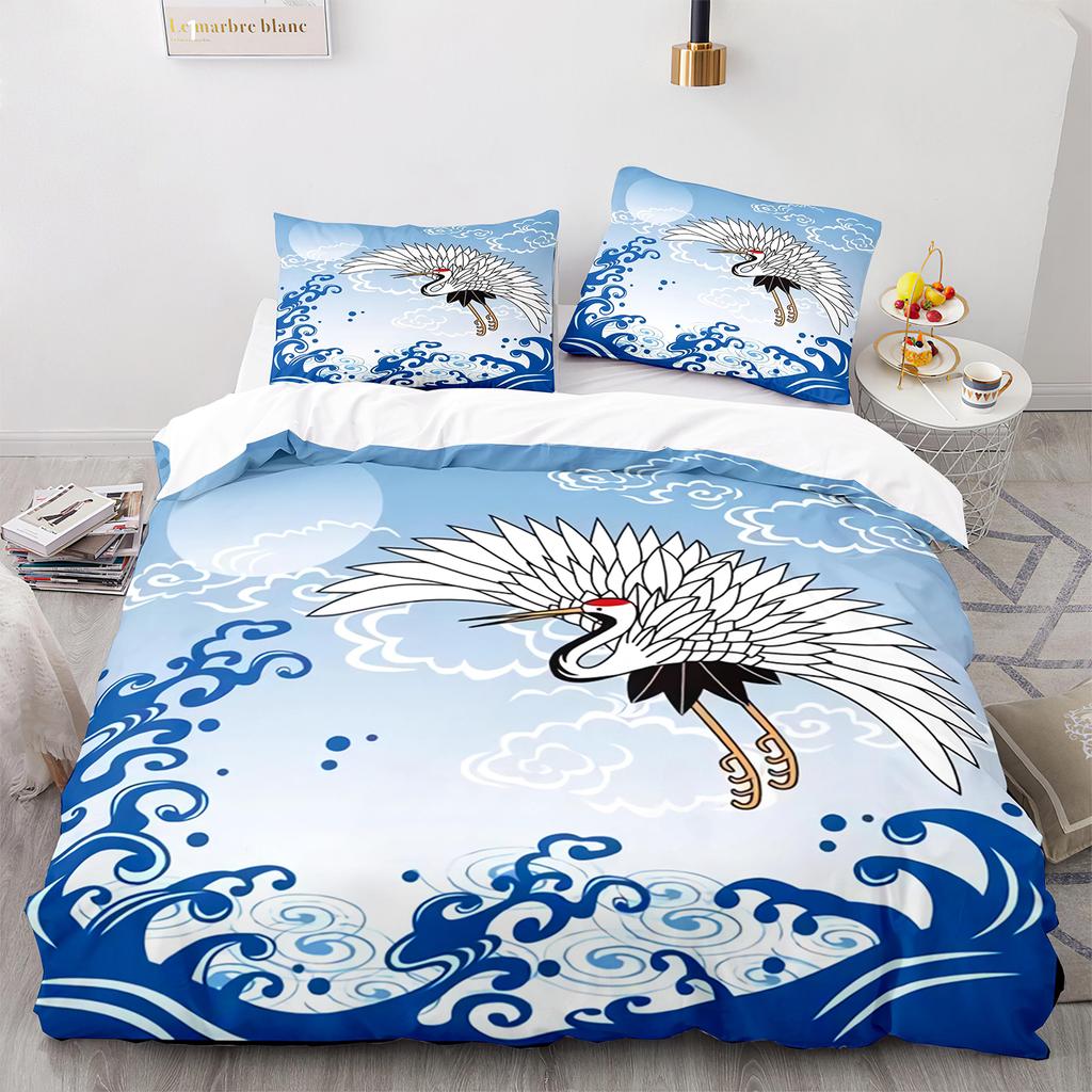 Ukiyo-e Weiches Bettbezug-Set King Quen Ful Größe Abmessungen Thema Wellenmuster Polyester Bettwäsche-Set Fuji Berg Exotischer Abstrakter Stil