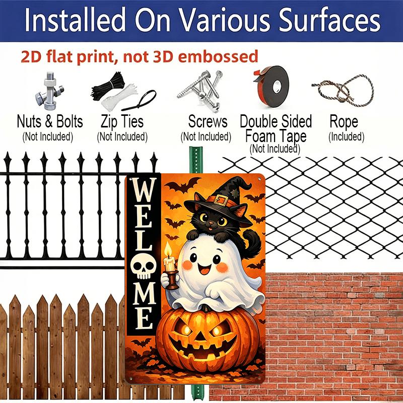 2D Flat, 1pc Halloween Welcome Cartoon Ghost Aluminum Sign, Front Door Welcome Plaque, Farmhouse Entry Wall, Halloween Party Backdrop, Cottage Porch