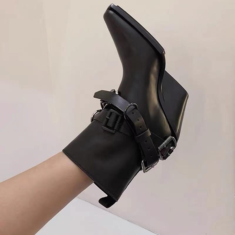 Wedge Single Shoes Four Seasons Square Toe Sleeve Metal Belt Buckle Anti-Slip Wear-Resistant Short Shoes