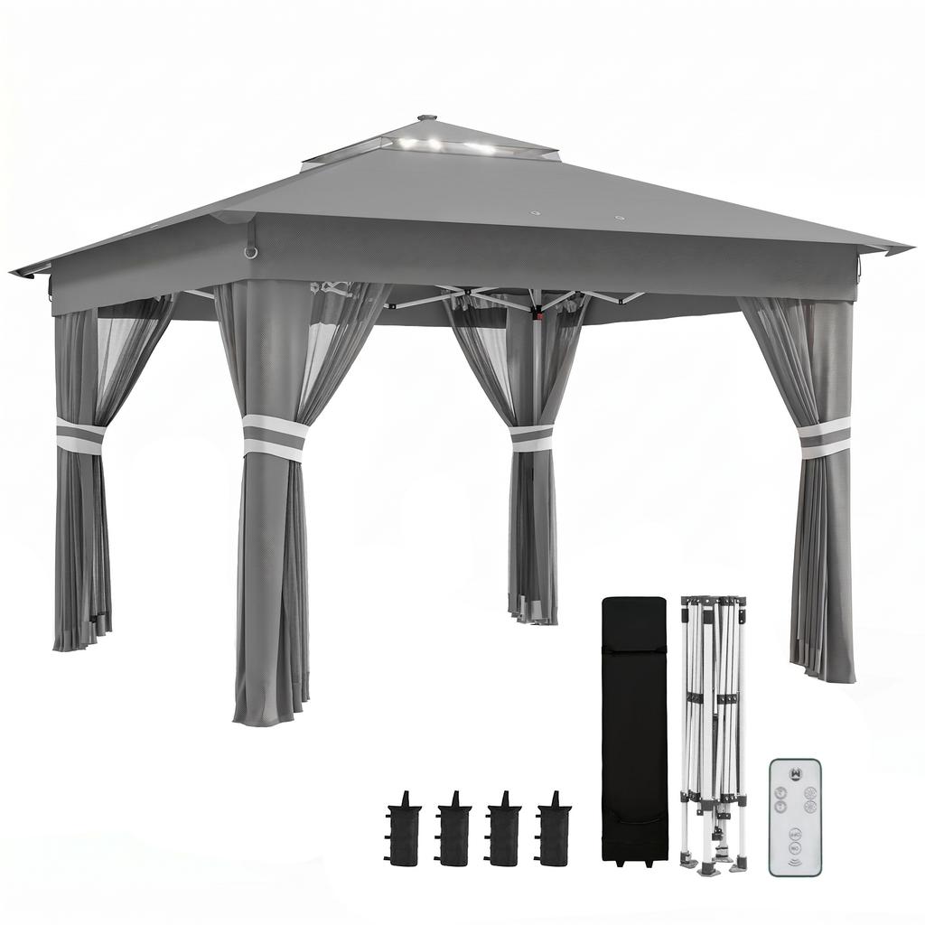 Adjustable-Height Garden Gazebo with LED Lights. 336x336x250-270cm. Grey