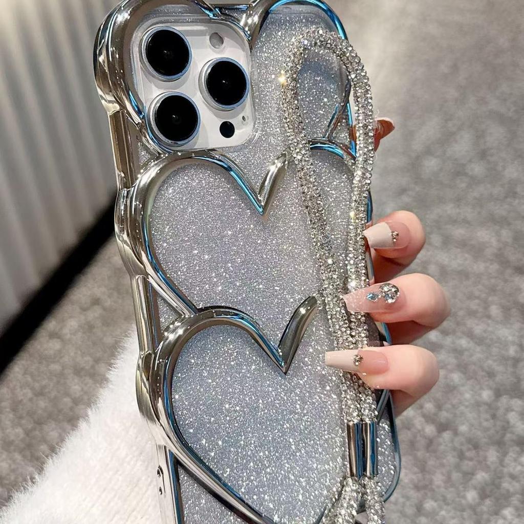 Silber galvanisierte Liebesherz-Ketten-Handyhülle für iPhone 13 Pro Max & 11