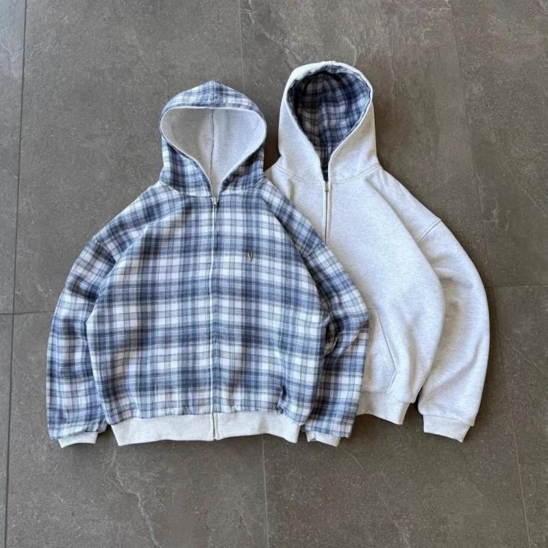 Mens Reversible Hooded Cardigan Sweatshirt American Vintage Style Loose Fit Casual Wear