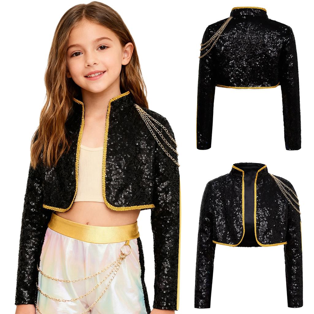 Chaqueta de Escenario Brillante con Lentejuelas para Niñas, Manga Larga, Disfraz de Cosplay de Cantante con Adorno Trenzado y Cadenas para un Look Completo