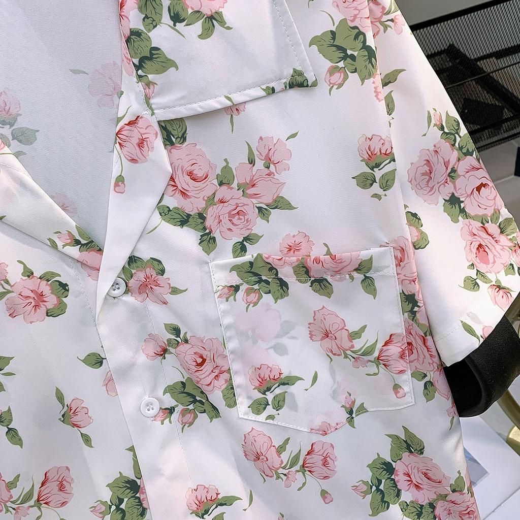 Summer Draping Floral Print Short Sleeve Shirt Men's Niche Loose Korean Style Hawaiian Cuban Collar Shirt Half Sleeve Top