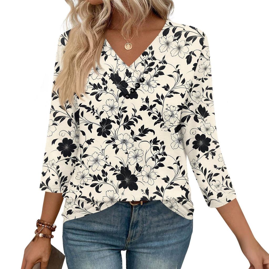 Dames Print Top Knoopsluiting V-hals T-shirt 3/4 Mouw Losse Mode Top