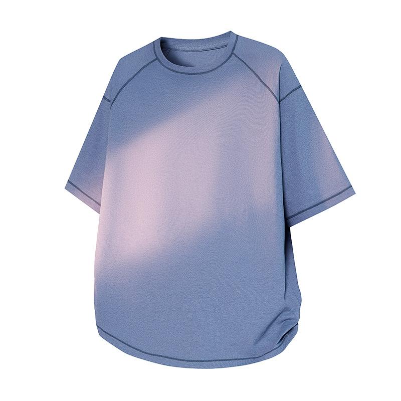 Fitness-T-Shirt mit kurzen Ärmeln, feuchtigkeitsableitend, schnelltrocknend, für Laufen, mit abgerundetem Saum