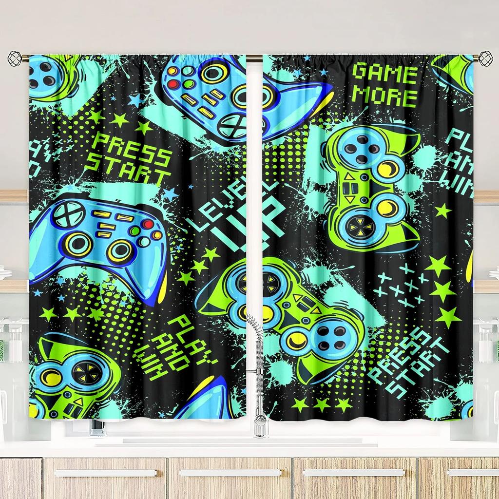 2pcs Gaming Pattern Rod Pocket Curtains   Blackout Polyester Window Drapes   Gamer Room Decor   Kids Room Decor
