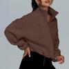 Women's Zip Drawstring Fleece Short Jacket Full Hem Stand Collar Warm
