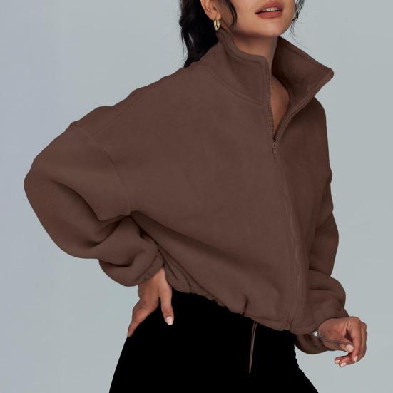 Women's Zip Drawstring Fleece Short Jacket Full Hem Stand Collar Warm