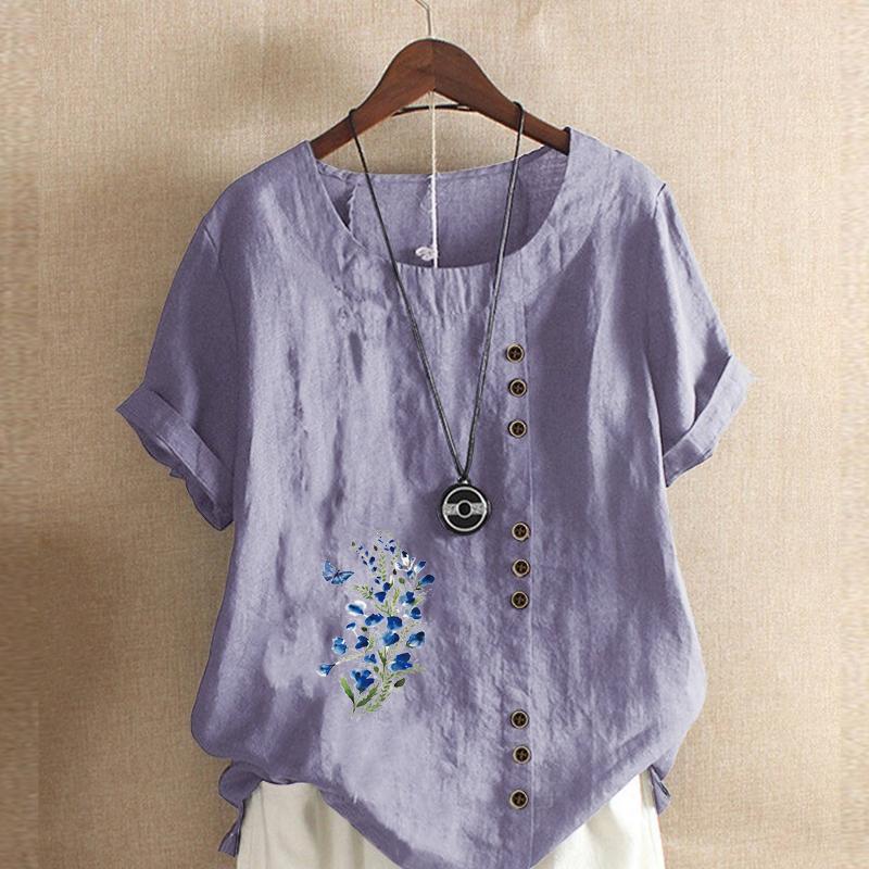 T-shirt da Donna alla Moda con Stampa Fiori e Piante Manica Corta Camicia Larga in Cotone Blusa Estiva Casual Larga Top Taglie Forti