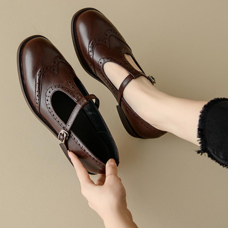 Fashion Retro Women's Brogue Leather Shoes Spring Round Head Carved Mary Jane Shoes Women Oxfords Women's Shoes Ladies Leather Female